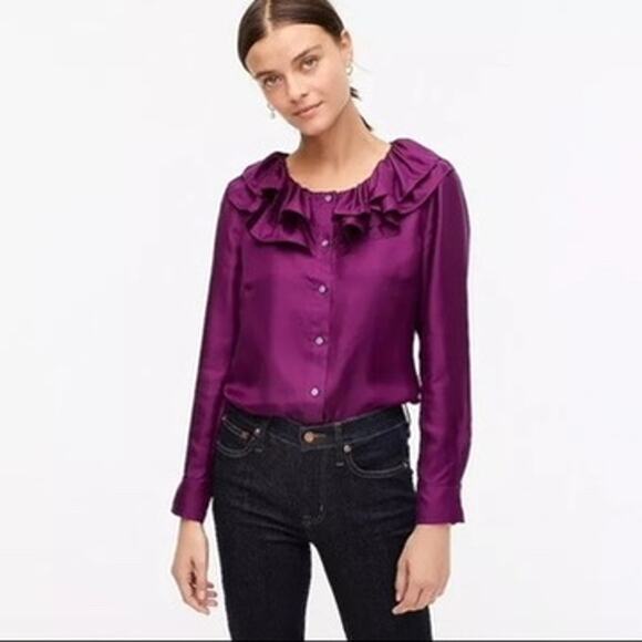 J. Crew Collection Twill Ruffle Collar Silk Button Front Blouse Top Sz S Purple - Picture 2 of 6